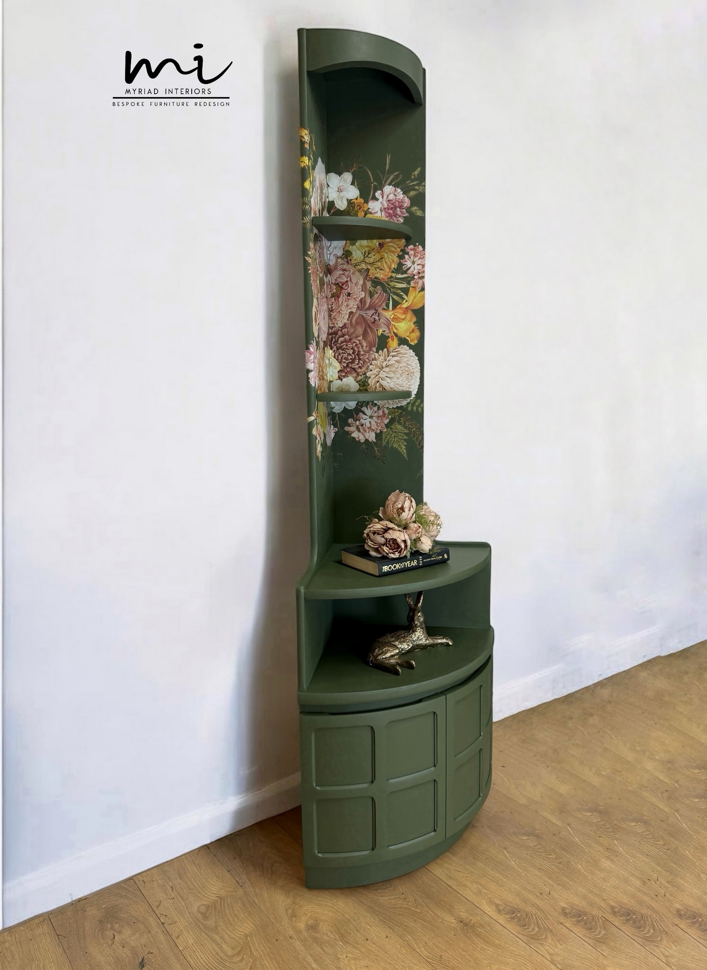Refinished Nathan deep olive and neutral floral corner cabinet, cupboard, sideboard, shelves drinks cabinet