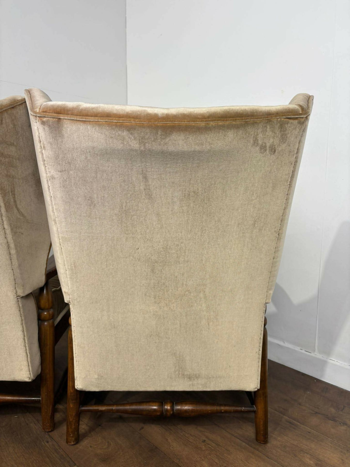 Vintage Pair Of Oak Framed Wing Back Armchairs