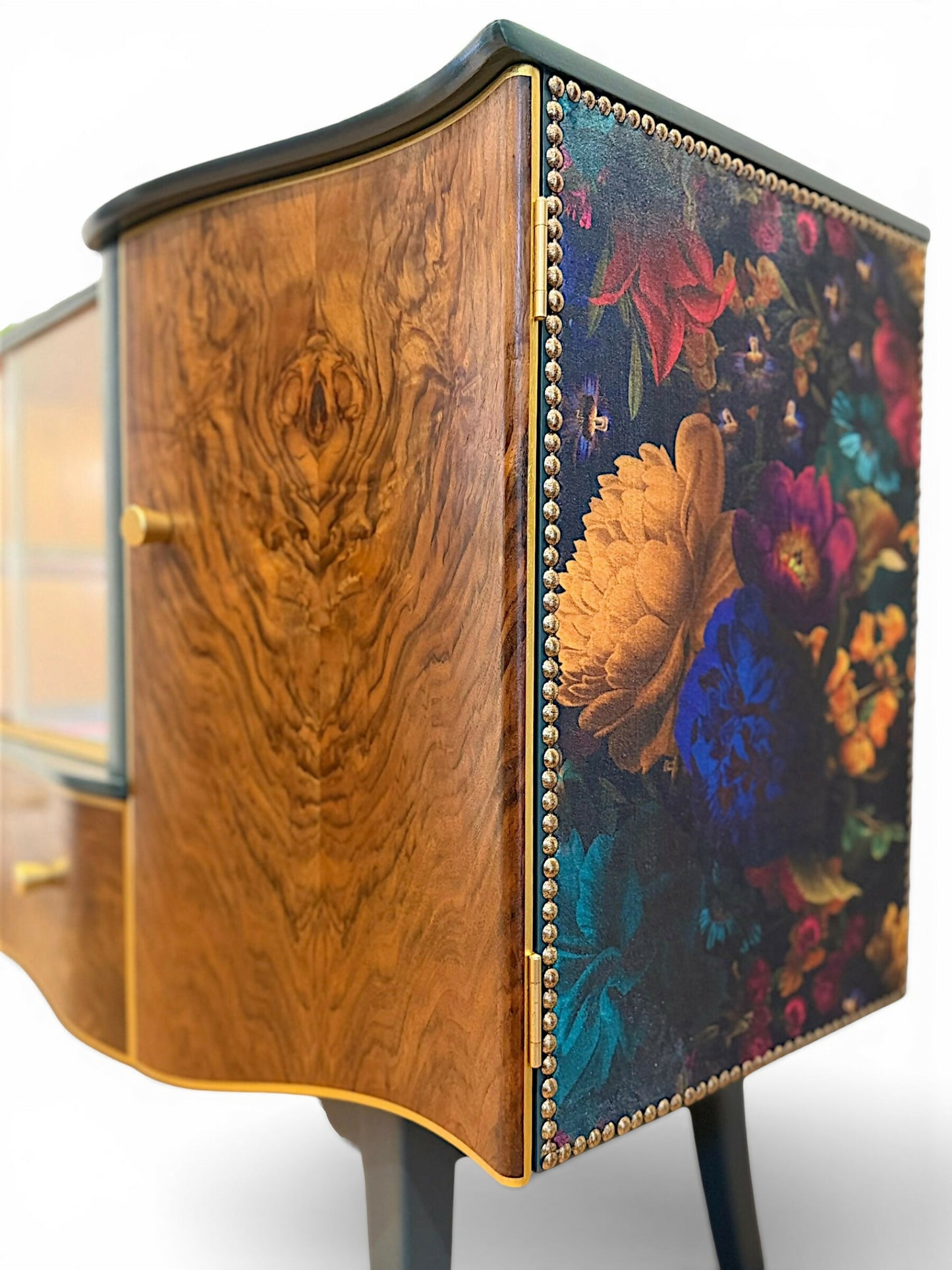 Luxury Art Deco Sideboard | Green Floral Solid Wood | Vintage Refurbished Bespoke Furniture