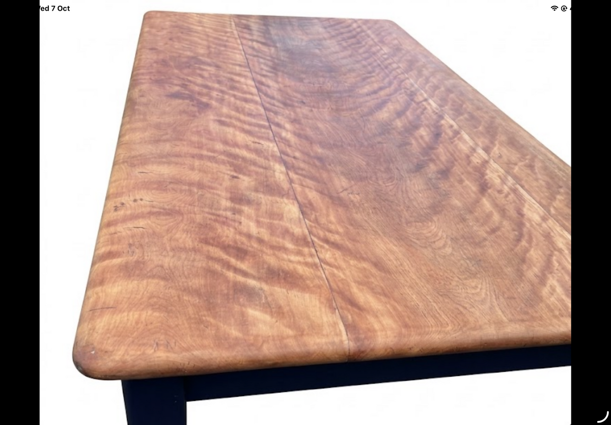 Bespoke Country Farmhouse 6-Seater Dining Table with Solid Curly Maple Top and Deep Blue Turned Legs