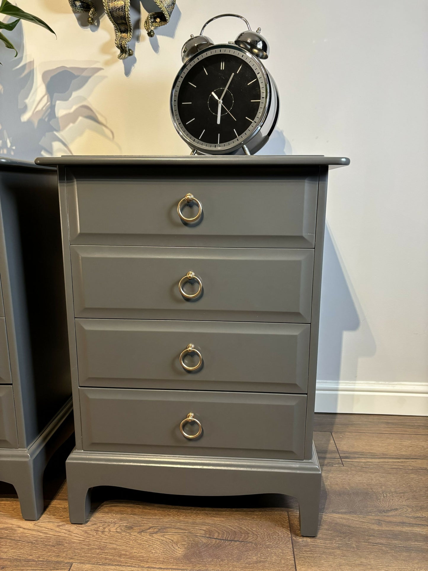 A Pair of Stag Minstrel Bedside Tables in Graphite Grey | Vintage Mid Century Nightstands