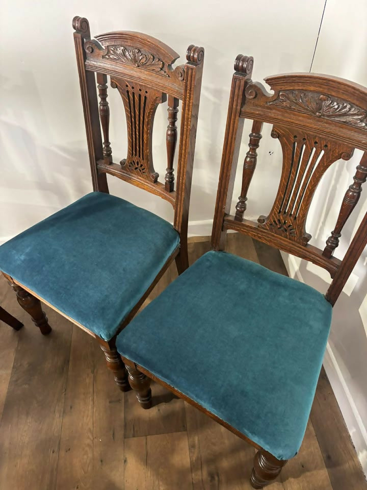 Set of Six Edwardian Carved Oak Dining Chairs –with Teal Upholstery