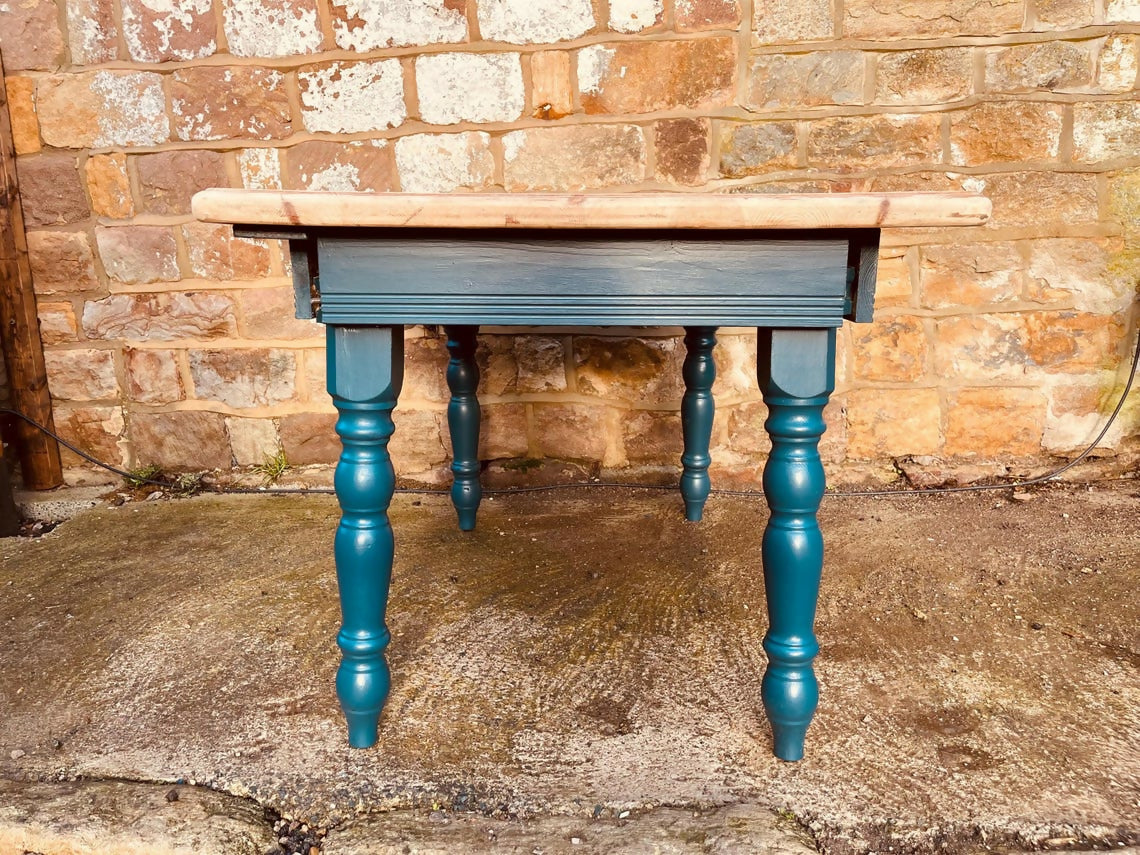 Restored Rectangular Pine Dining Table – Sanded Timber Top & Teal Painted Legs