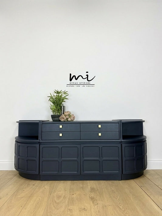 Mid Century Nathan teak modular sideboard set in navy blue, tv stand, media unit, retro corner cupboard, console, cocktail cabinet drinks