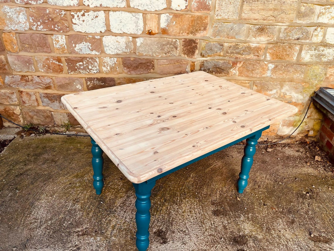 Restored Rectangular Pine Dining Table – Sanded Timber Top & Teal Painted Legs