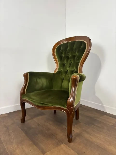 Reproduction Mahogany Green Velvet Upholstered Armchair – Furnishings Italia