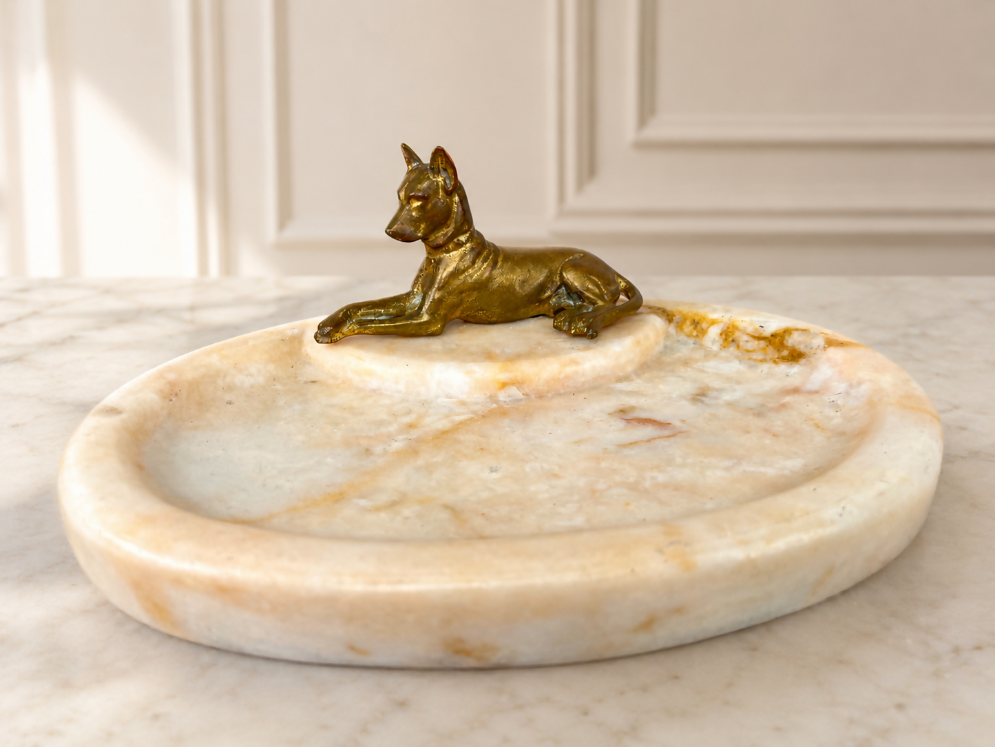 Tray Antique French Style Marble Brass Dog Decorative Display Tray LOT 6419