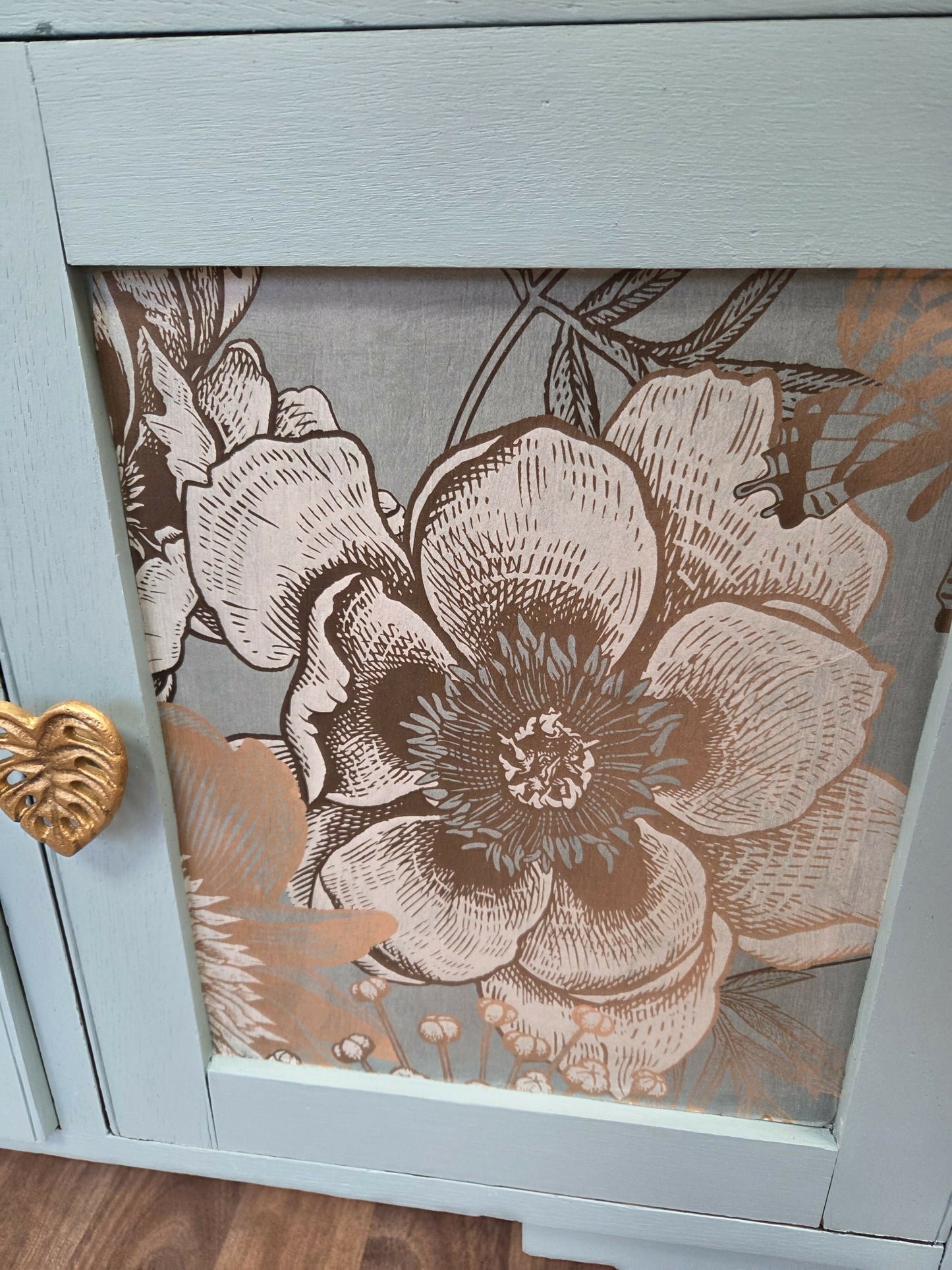 Vintage pale blue and gold drawered cupboard.