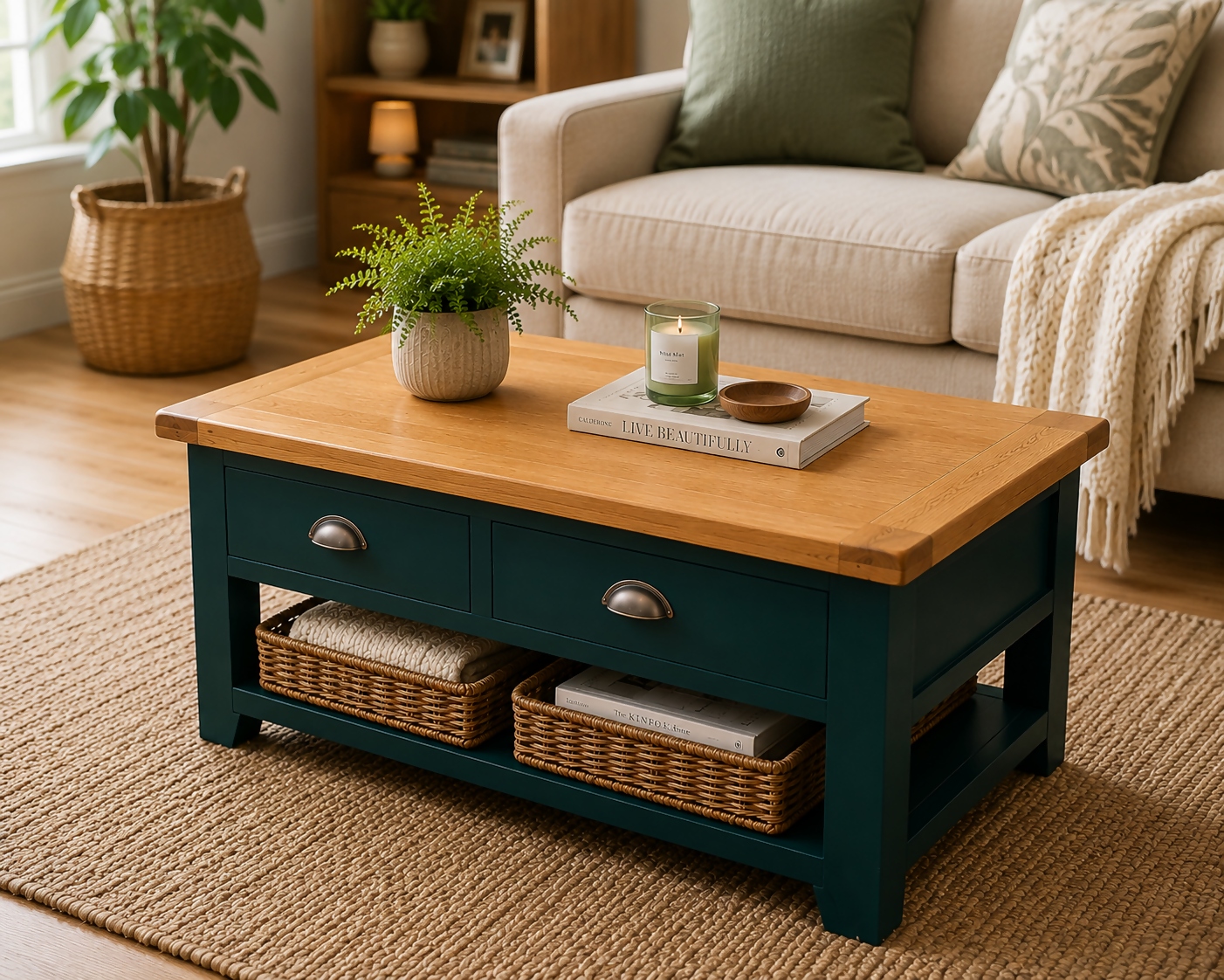 Green Coffee Table | Solid Oak Coffee Table | Hand Painted Farmhouse Coffee Table | Restored Rustic Furniture