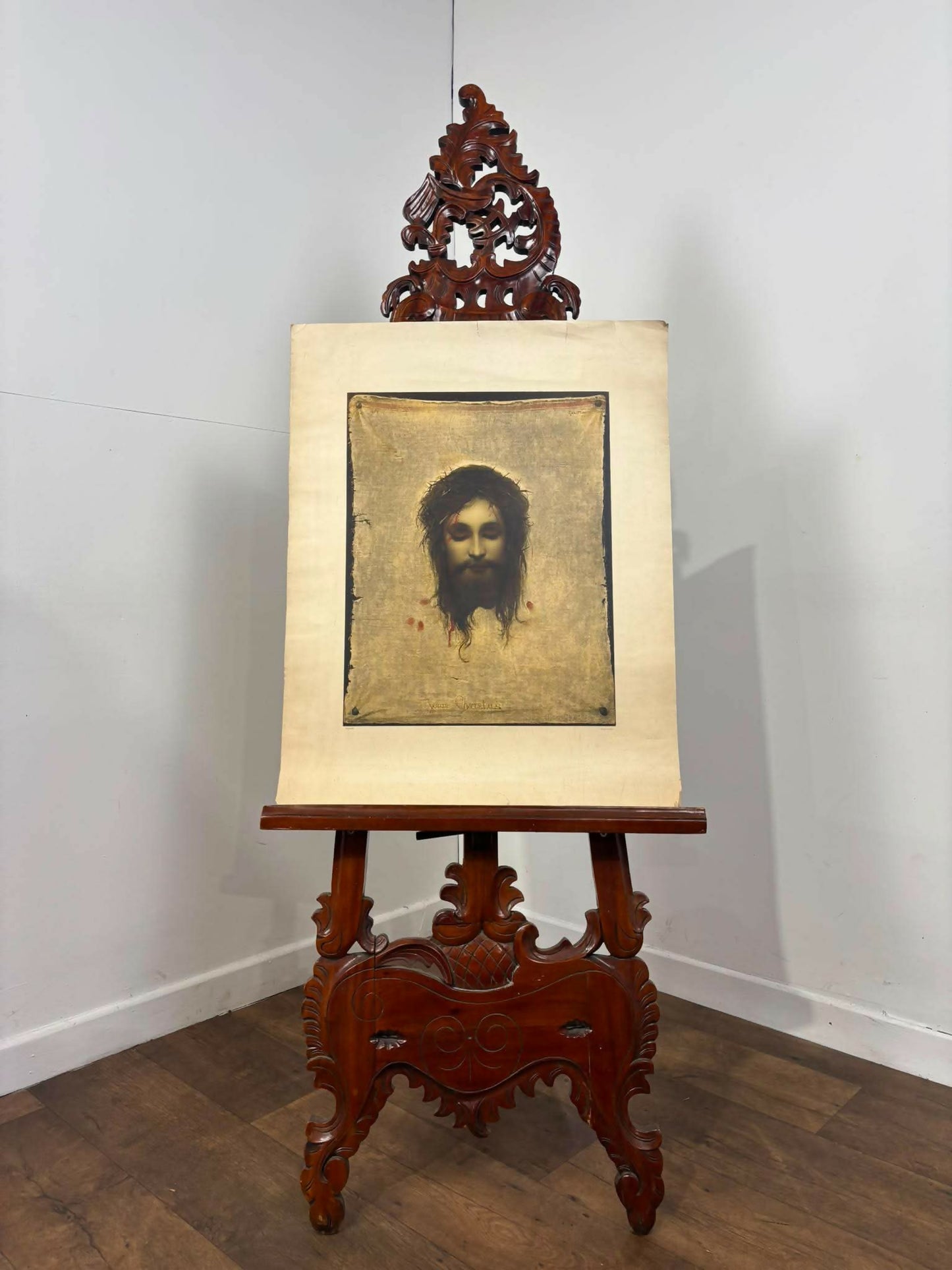 Vintage Religious Lithograph Print – Jesus Christus (St. Veronica’s Handkerchief) after Gabriel Max