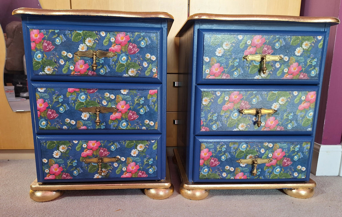 “Blue Floral” 1980s Bedside 3 Drawers