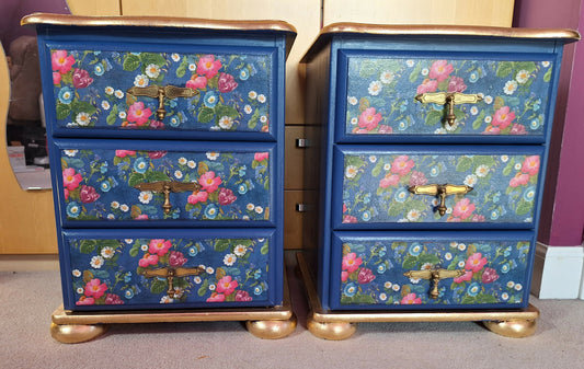 “Blue Floral” 1980s Bedside 3 Drawers