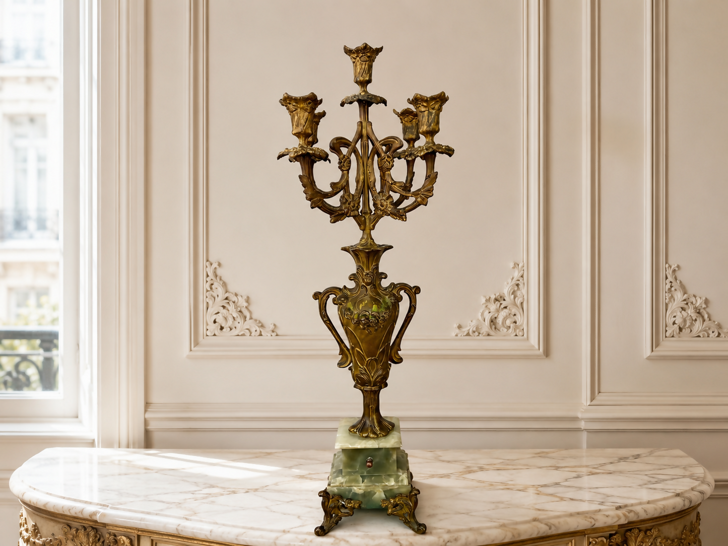 Candelabra Antique French Style Brass Marble Five Arm Candle Holder LOT 6488