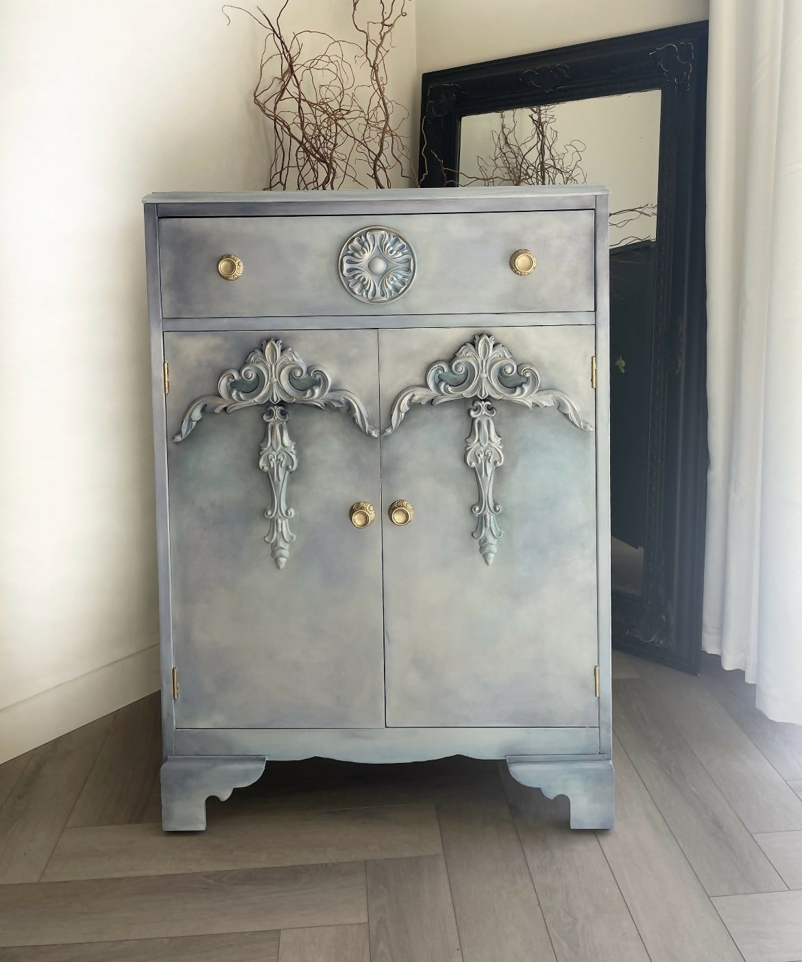 Vintage Tallboy Hand Painted Blue and White