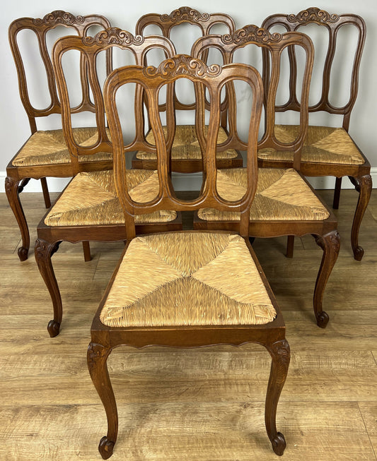 Dining Chairs Vintage French Louis Style Oak Rush Seat Set of 6 Chairs LOT 6348