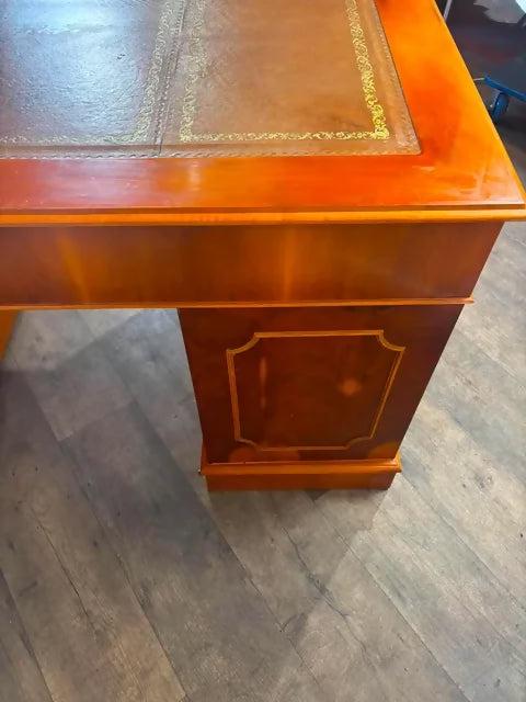 Reproduction Yew Wood Pedestal Desk with Brown Leather Inset