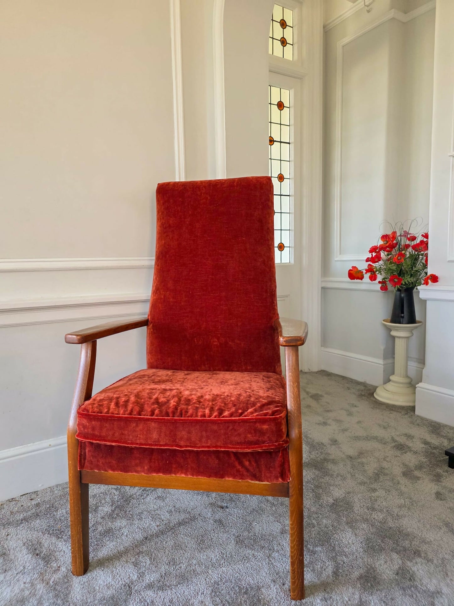 Parker Knoll PK928-9 High Back Armchair Reupholstered in 'Linwood' Velvet. In Great Condition