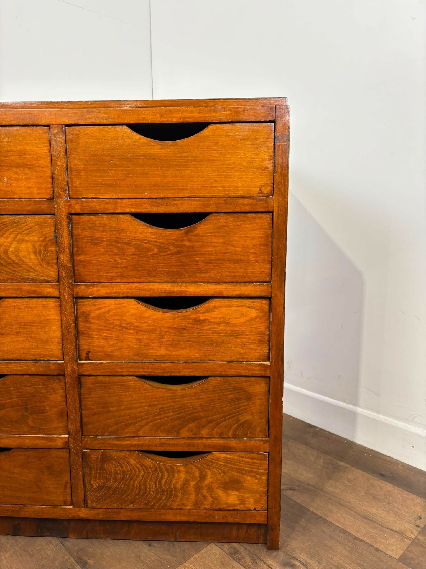 Vintage Oak Veneer Bank of Ten Drawers