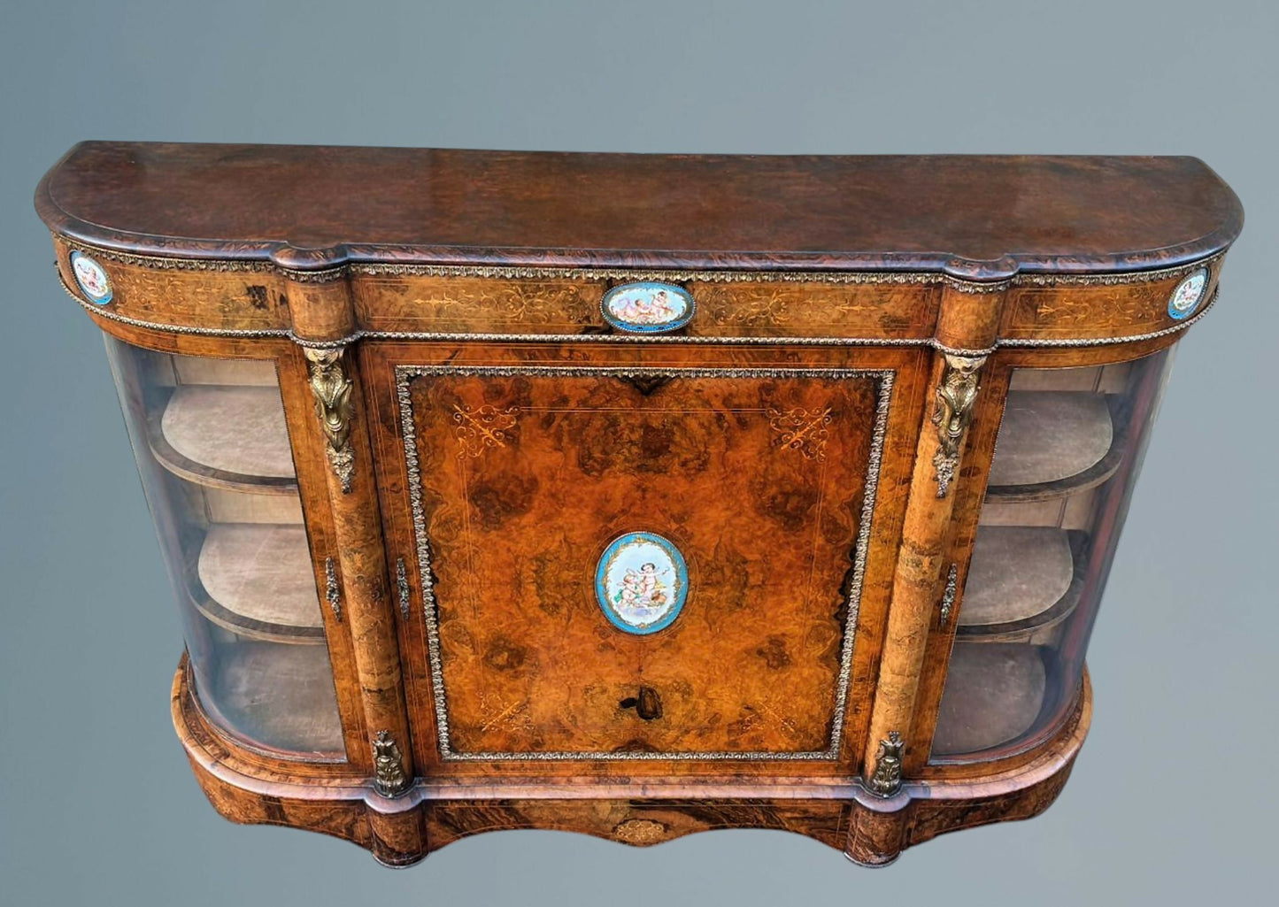 Victorian Inlaid Walnut Credenza Featuring Sevres Style Plaques