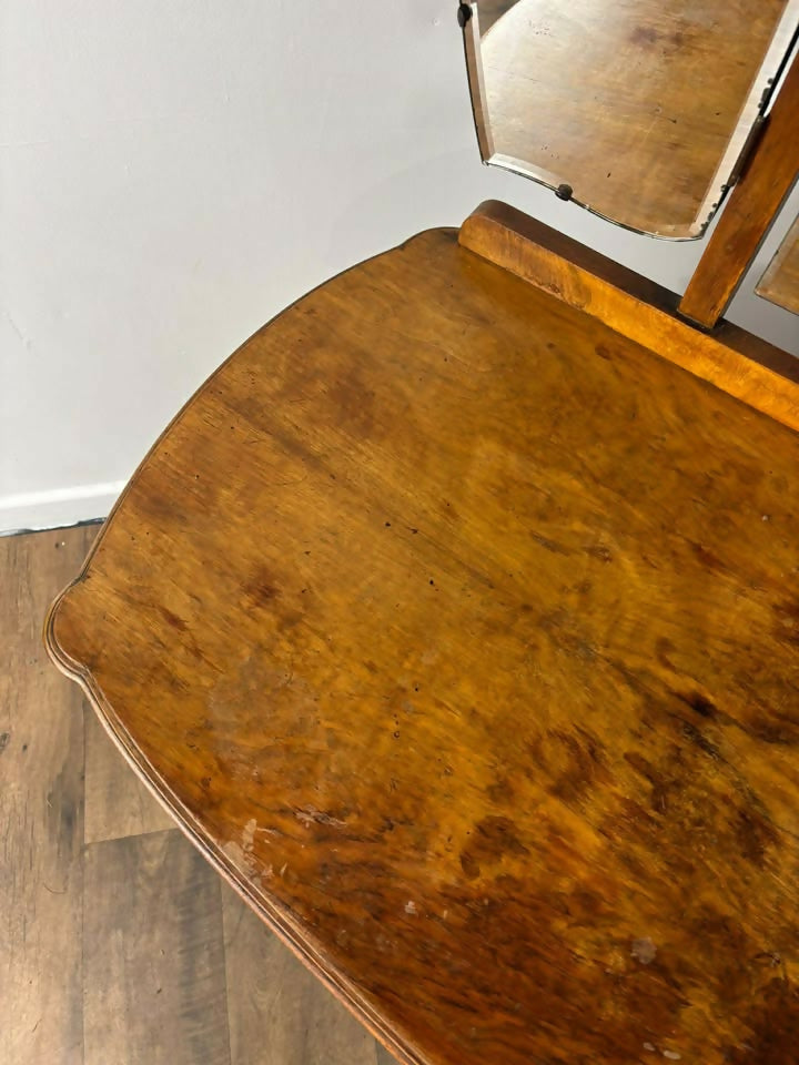 Vintage Walnut Veneered Dressing Table with Triptych Mirror
