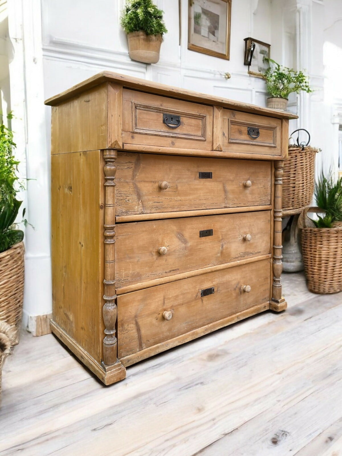 Large Rustic Antique Solid Pine European Style Chest Of Drawers