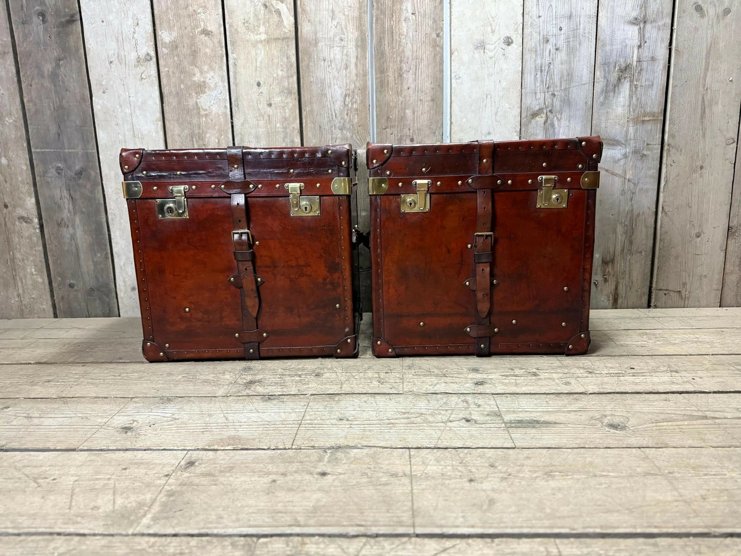 Antique Chestnut Leather Designer Belting Trunks
