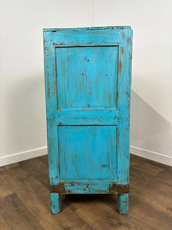 Vintage Indian Reclaimed Wooden Blue Rustic Cupboard