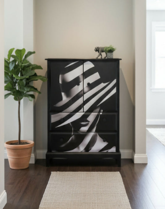 Stag Cocktail Cabinet | Drinks Cabinet | Femme Artwork, Yellow Interior, Black Gloss Finish
