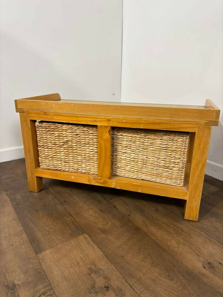 Modern Oak Storage Bench With Two Wicker Drawers