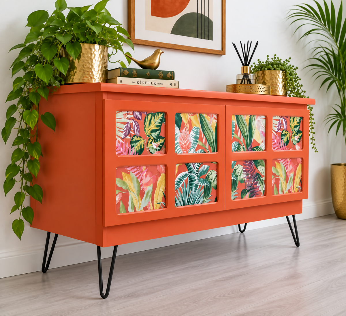 Tropical Coral Sideboard | Mid-Century Modern Cocktail Cabinet | Botanical Statement Furniture