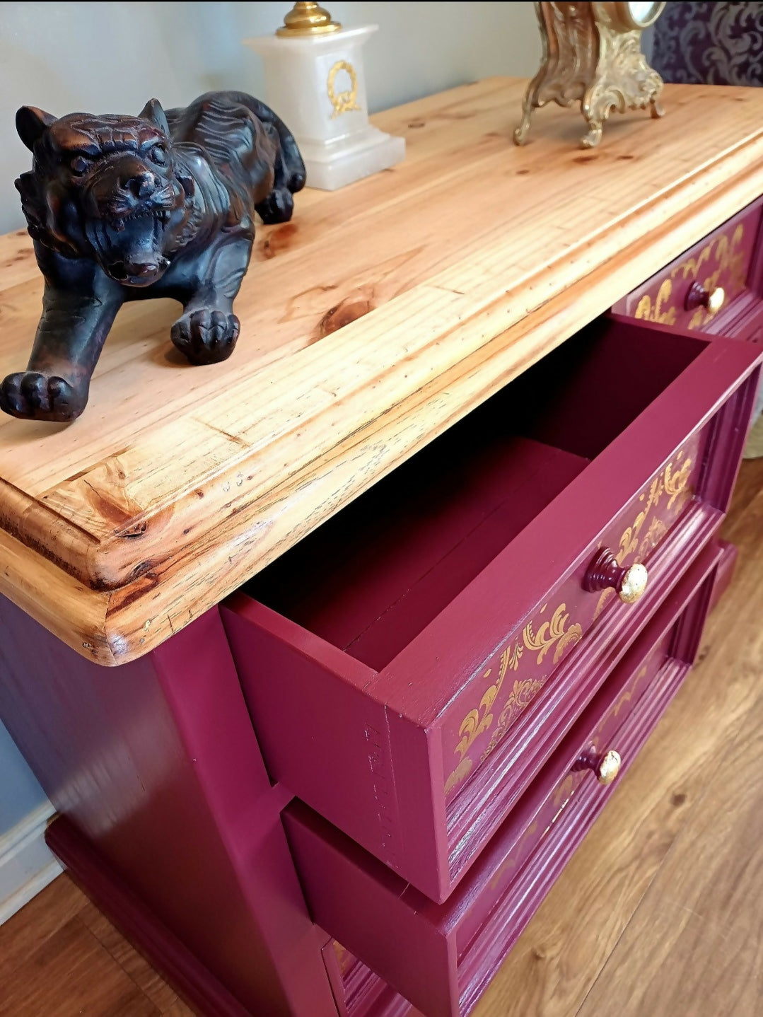 Upcycled Burgandy and Gold Chest of Drawers with Damask Design