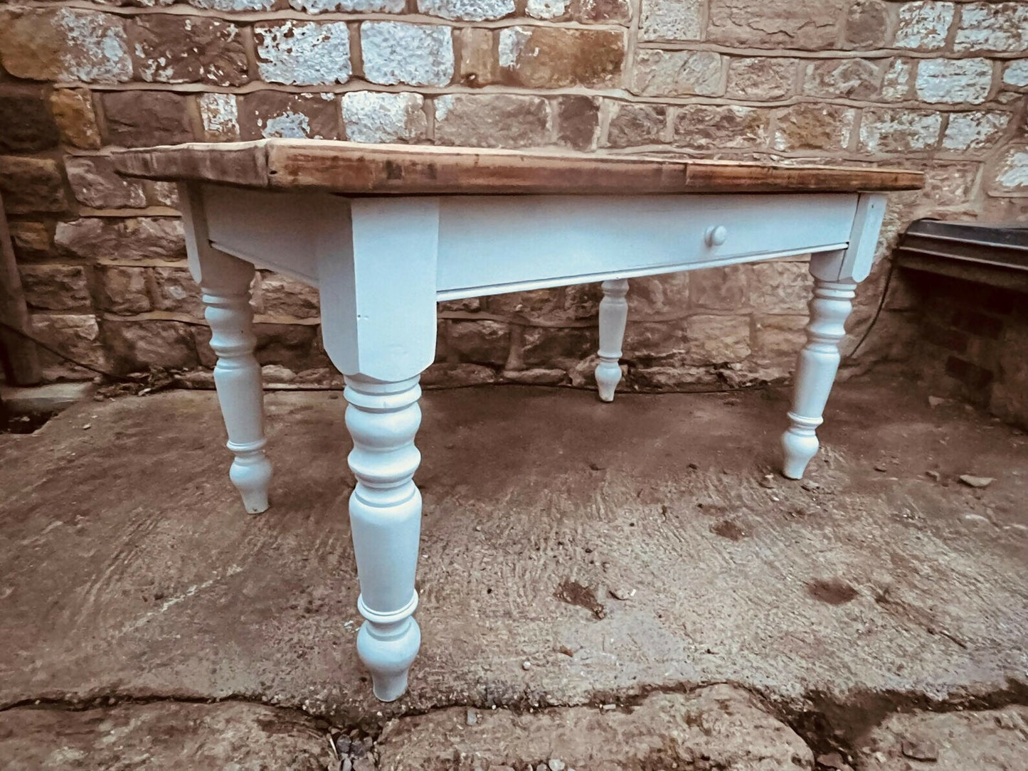 Vintage Farmhouse Table with Drawer – Rustic Reclaimed Pine Top & Painted Base – Country Kitchen Dining