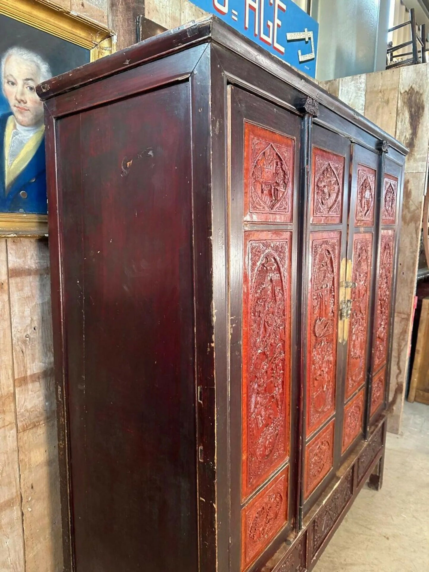 Antique Chinese Marriage Wardrobe Cabinet Triple Cupboard, C 1860