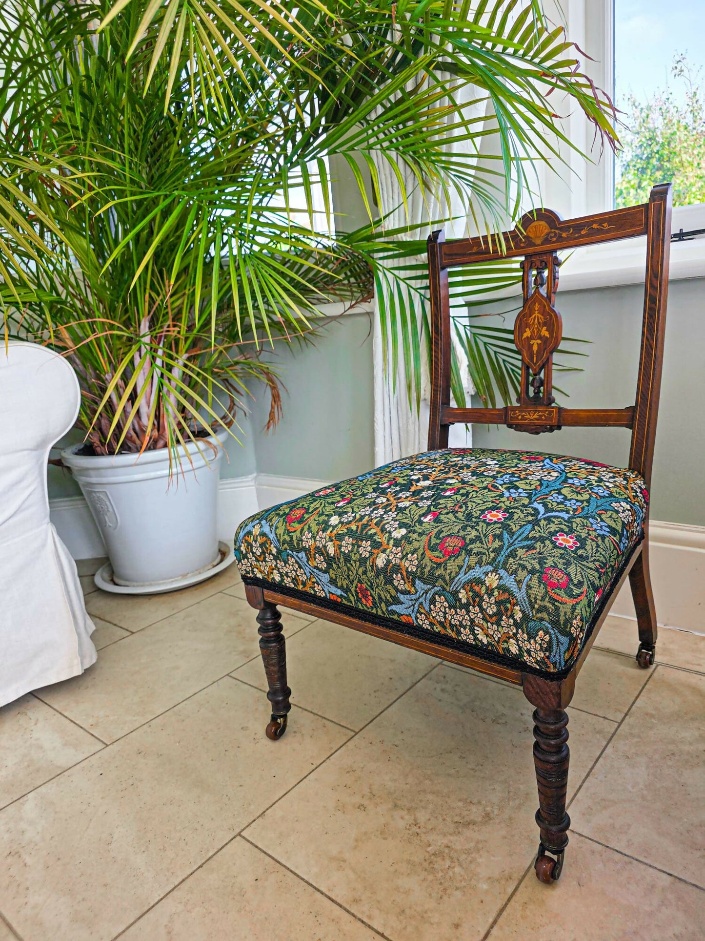 Antique, Mahogany framed Bedroom, Accent Chair on Original Castors. Covered in William Morris Fabric.