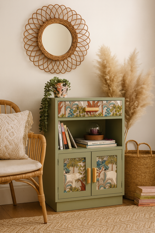 Botanical Boho Cabinet – Hand-Finished Storage with Tropical Wallpaper Panels