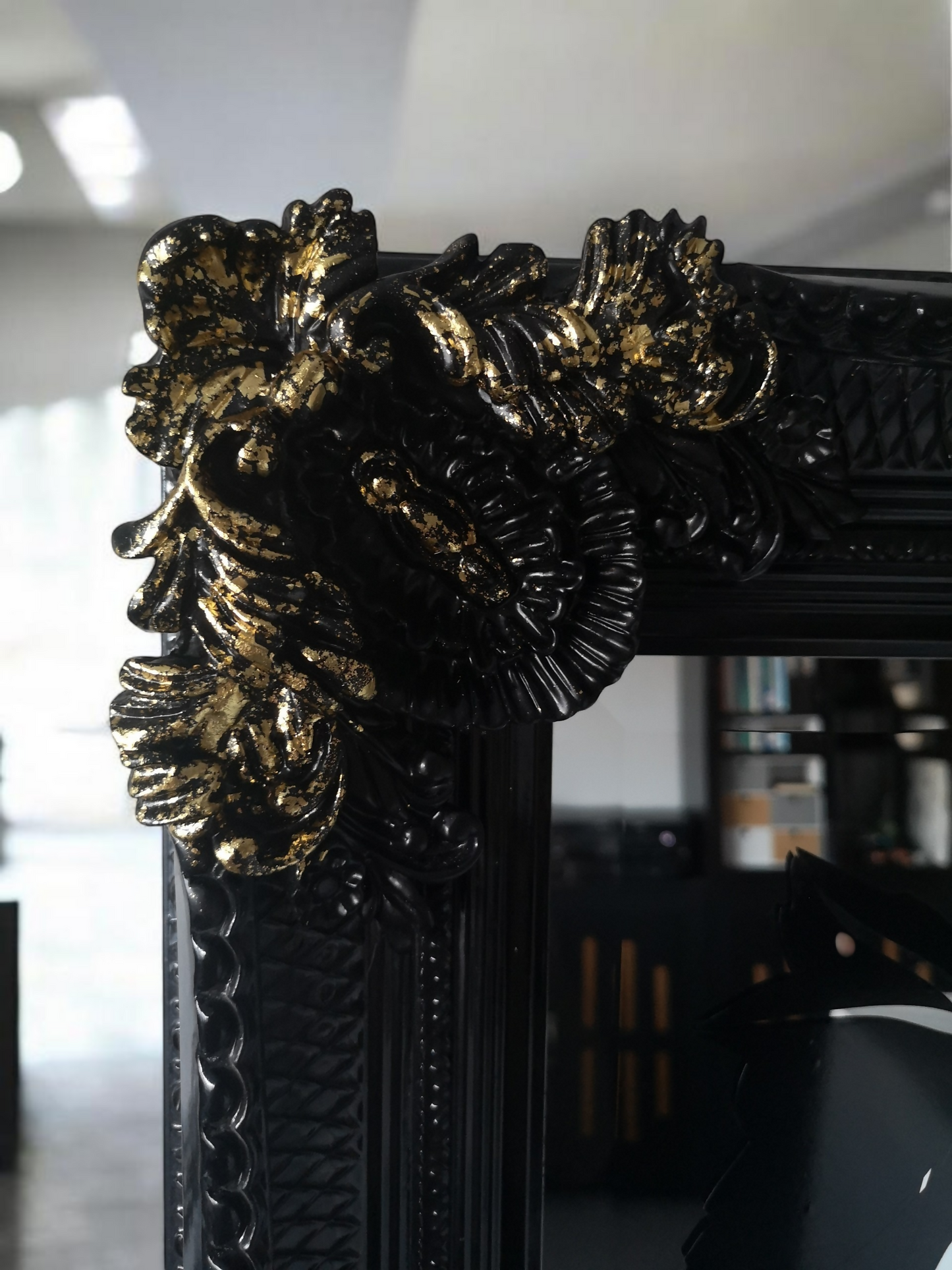 Large Decorative Baroque Style Bevelled Mirror In Gold & Black Frame