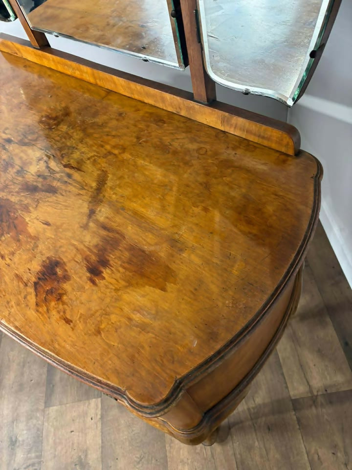 Vintage Walnut Veneered Dressing Table with Triptych Mirror