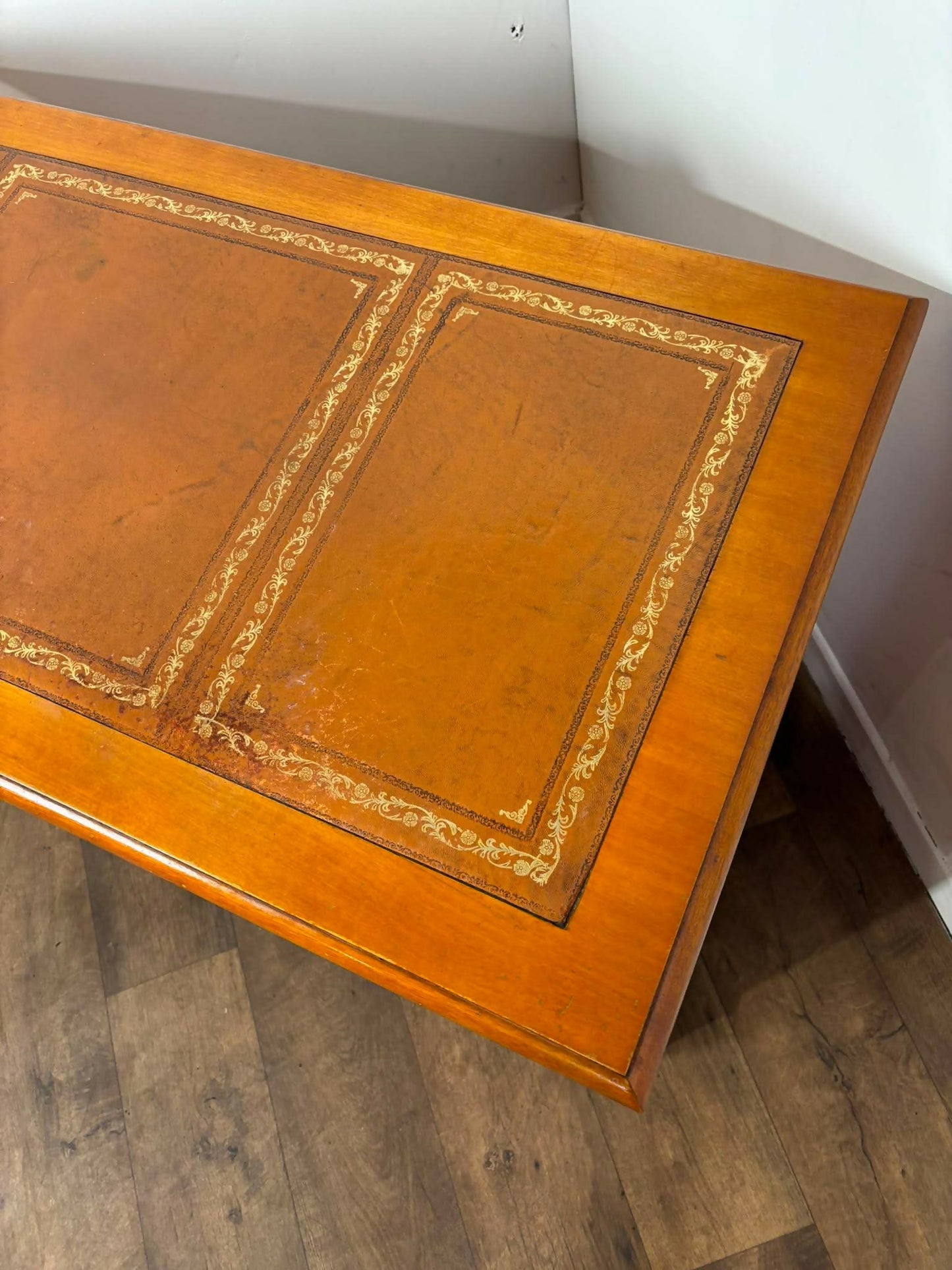 Reproduction Yew Twin Pedestal Desk with Leather Top