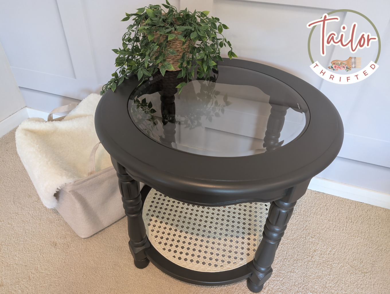 Tailor Thrifted Upcycled Vintage Cane and Glass Table Set 17