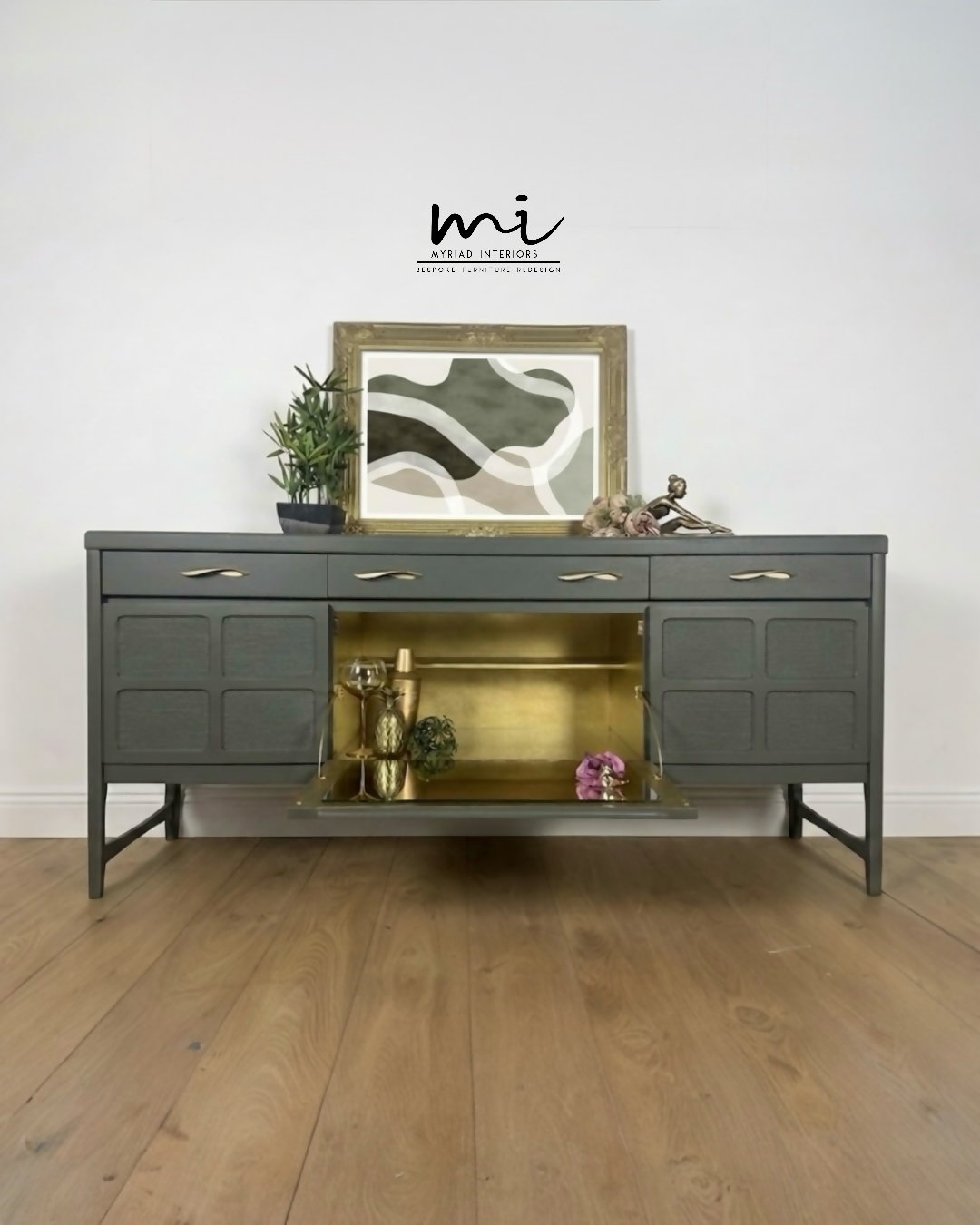 Refinished Mid Century Deep Olive Green Large Nathan Sideboard with drinks cabinet