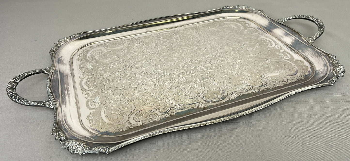 Serving Tray Vintage Metal Ornate Engraved Twin Handle English Tray LOT 6444