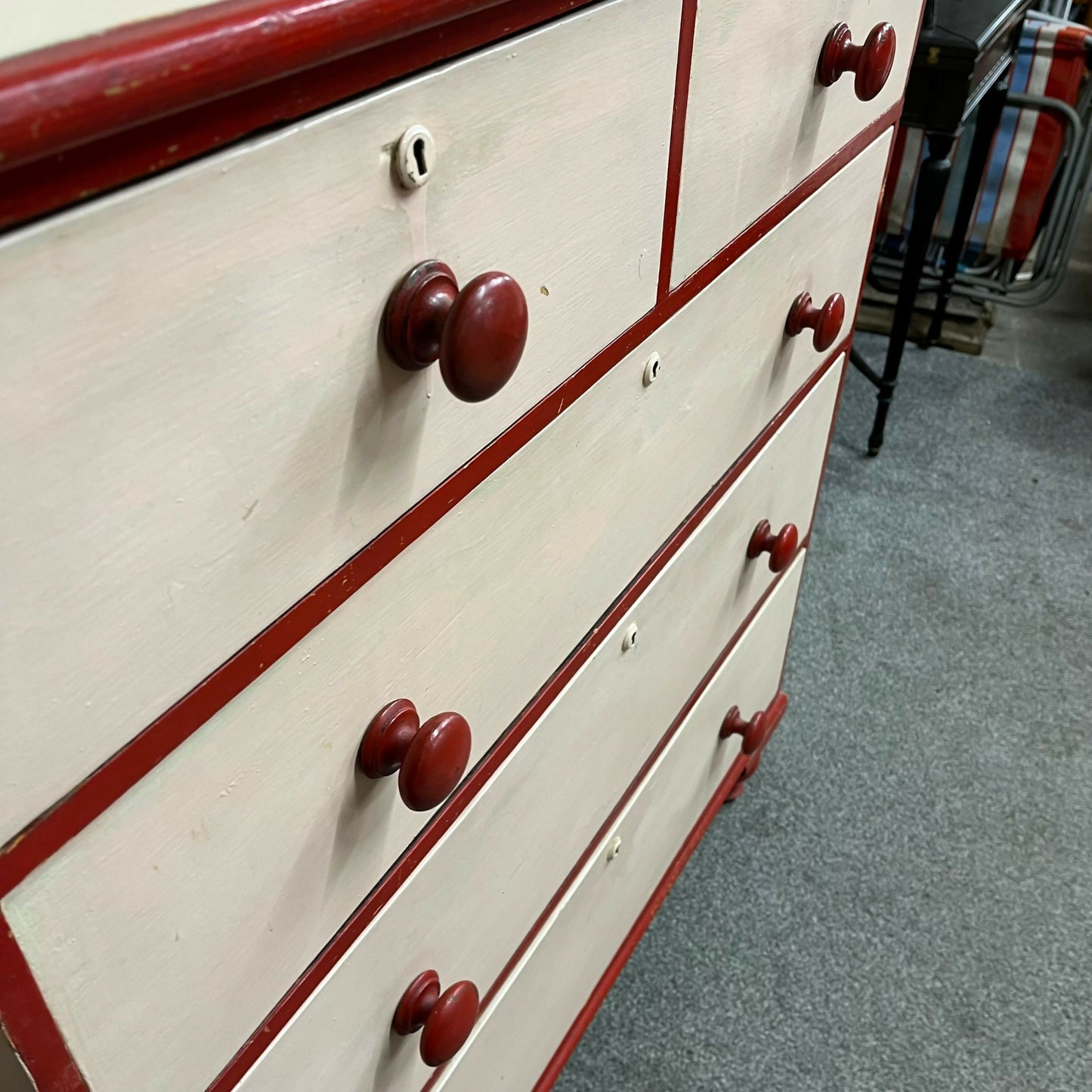 Large Victorian Chest 2 Over 3 Drawers Painted Salmon & Red Ornate Ball Feet