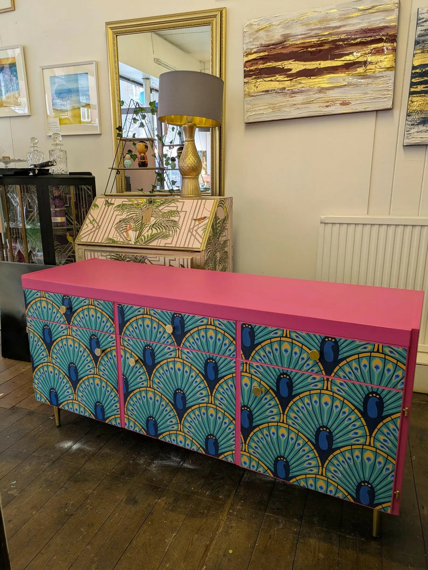 Midcentury Retro Sideboard TV Unit. Pink Teal Peacock Print Painted Upcycled Furniture