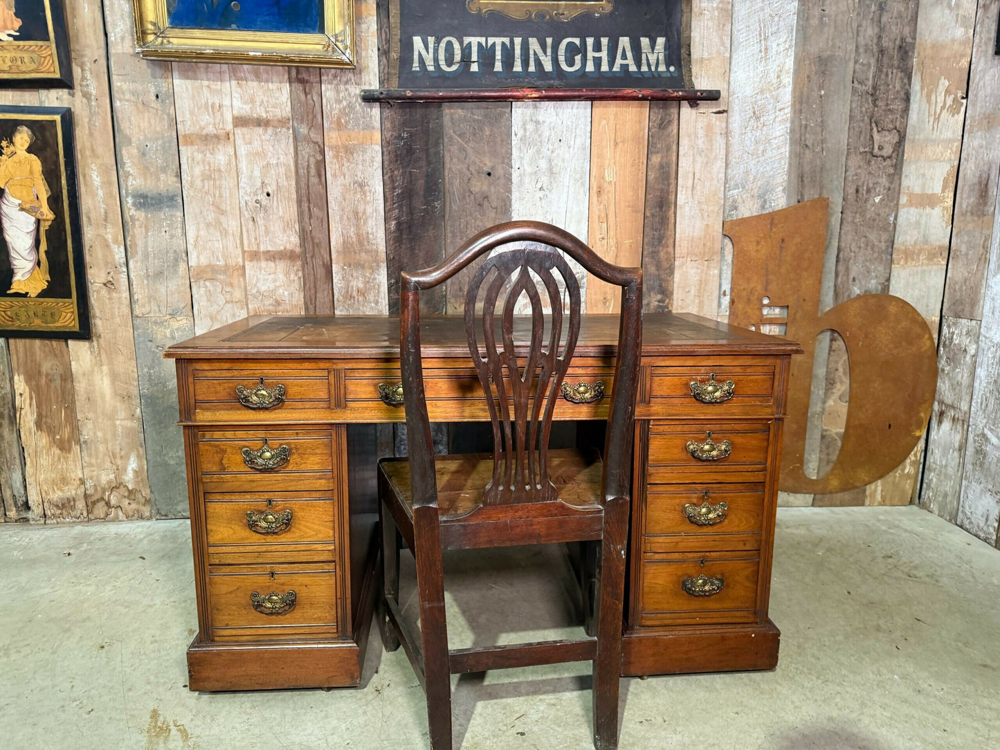 Antique Mid Victorian Walnut and Mahogany Embossed Leather Twin Pedestal Writing Desk, c.1860