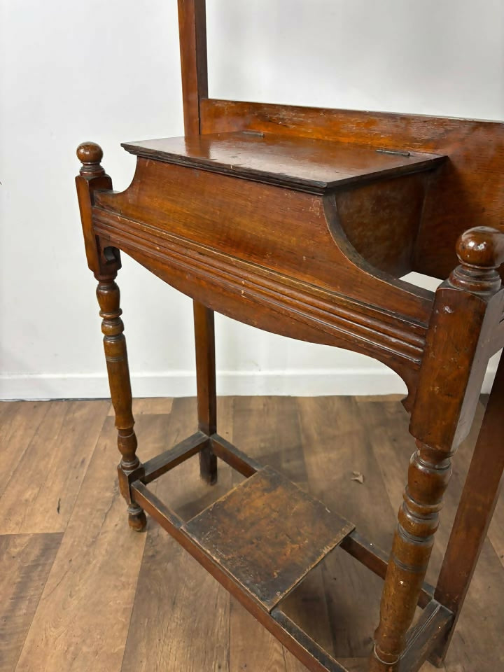 Vintage Oak Hall Coat Stand with Mirror & Storage