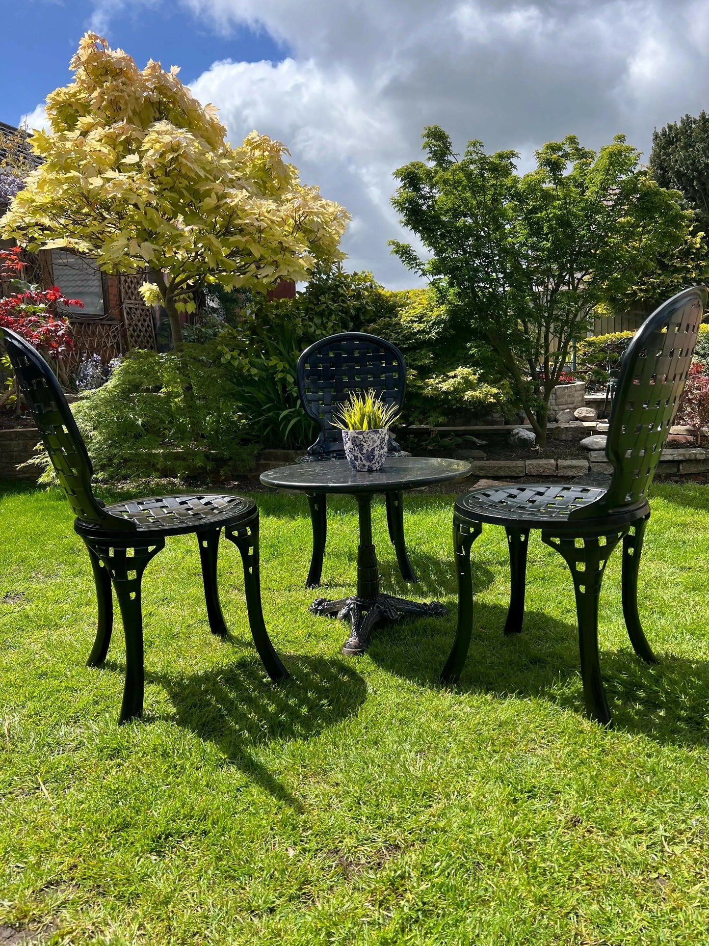 Black Vintage Three Seater Patio Set with Marble Topped Table