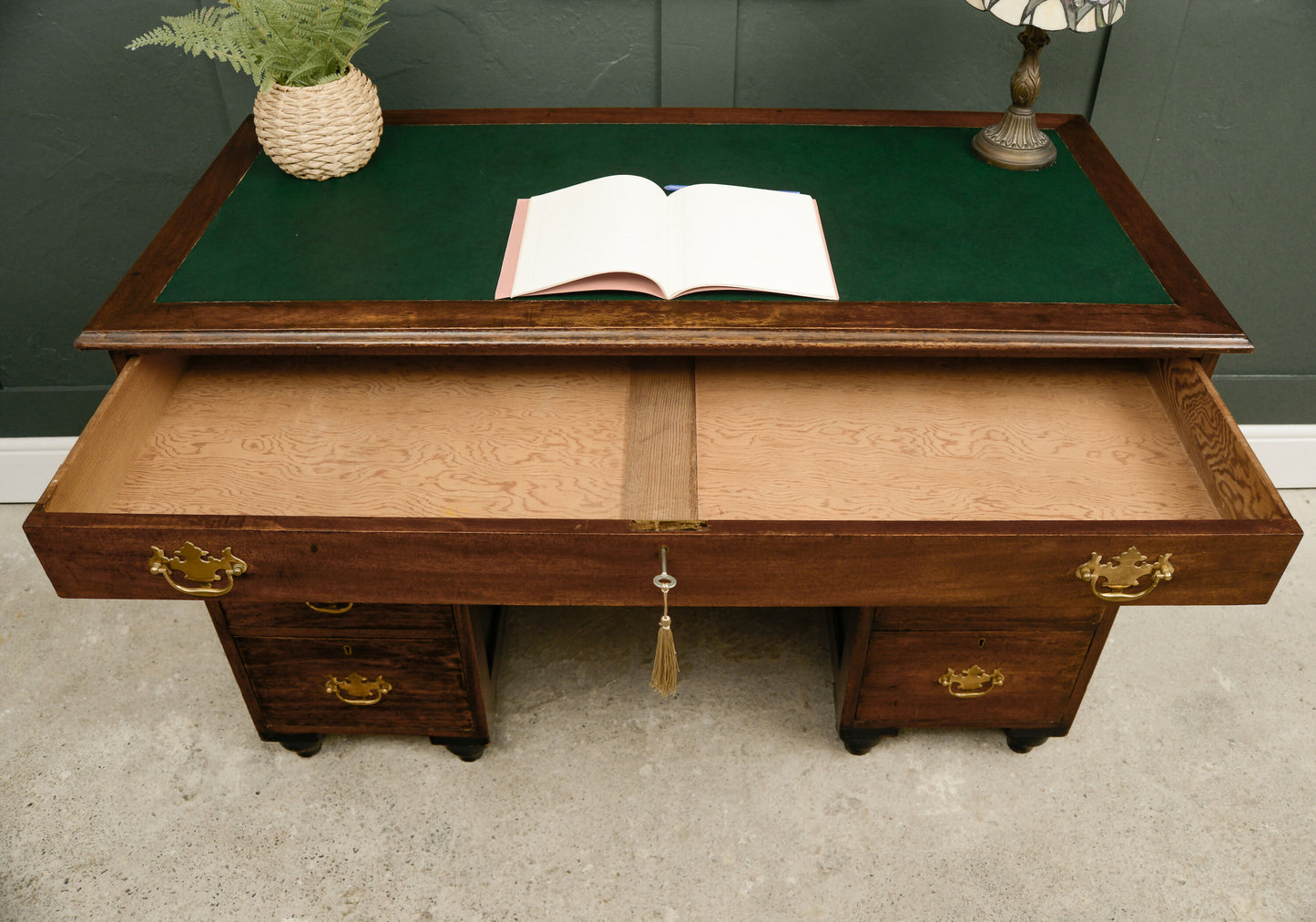 Victorian Oak Pedestal Desk with Full Width Drawer & Green Top