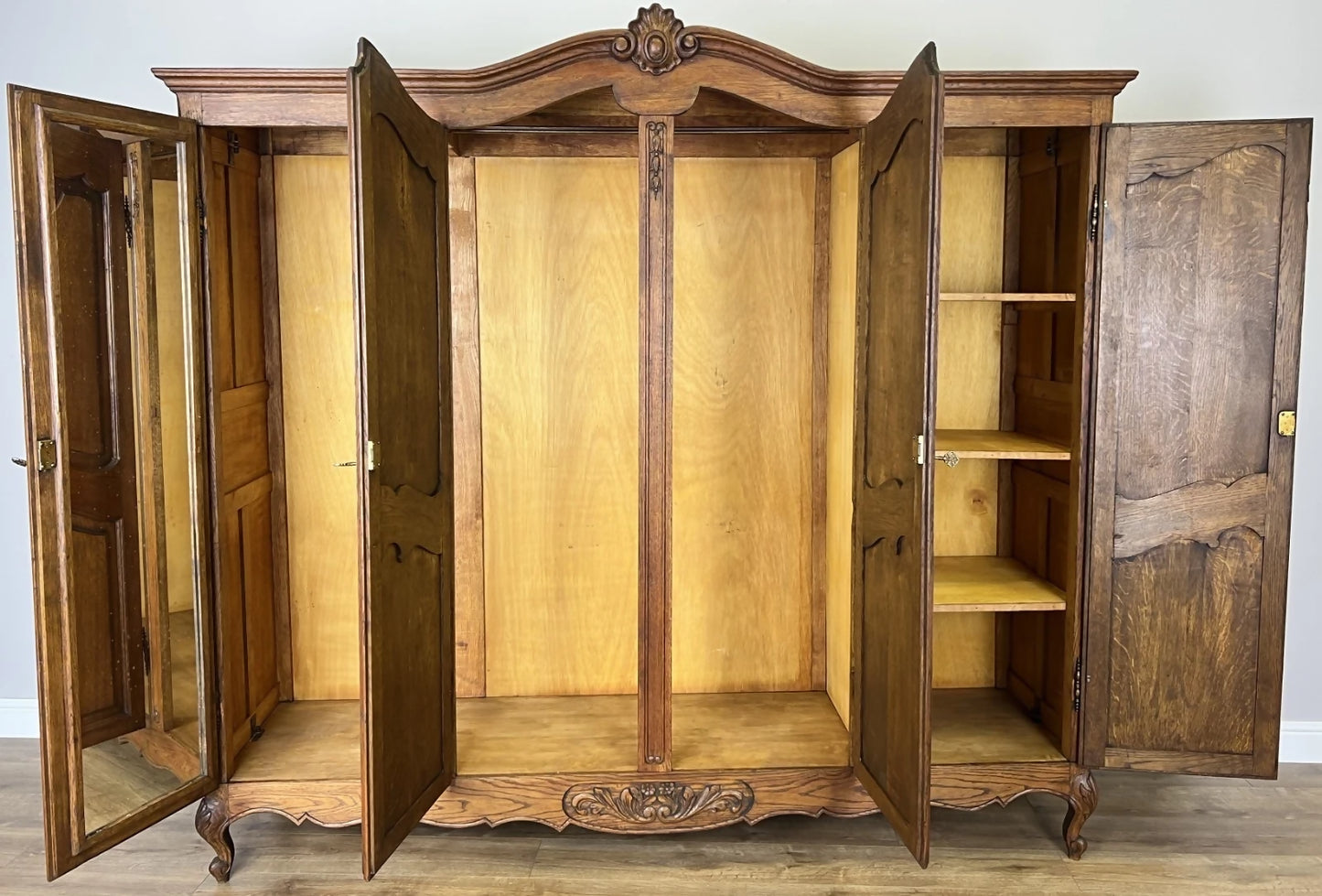 Wardrobe Vintage French Louis XVI Style Oak Four Door Mirrored Armoire LOT 4901