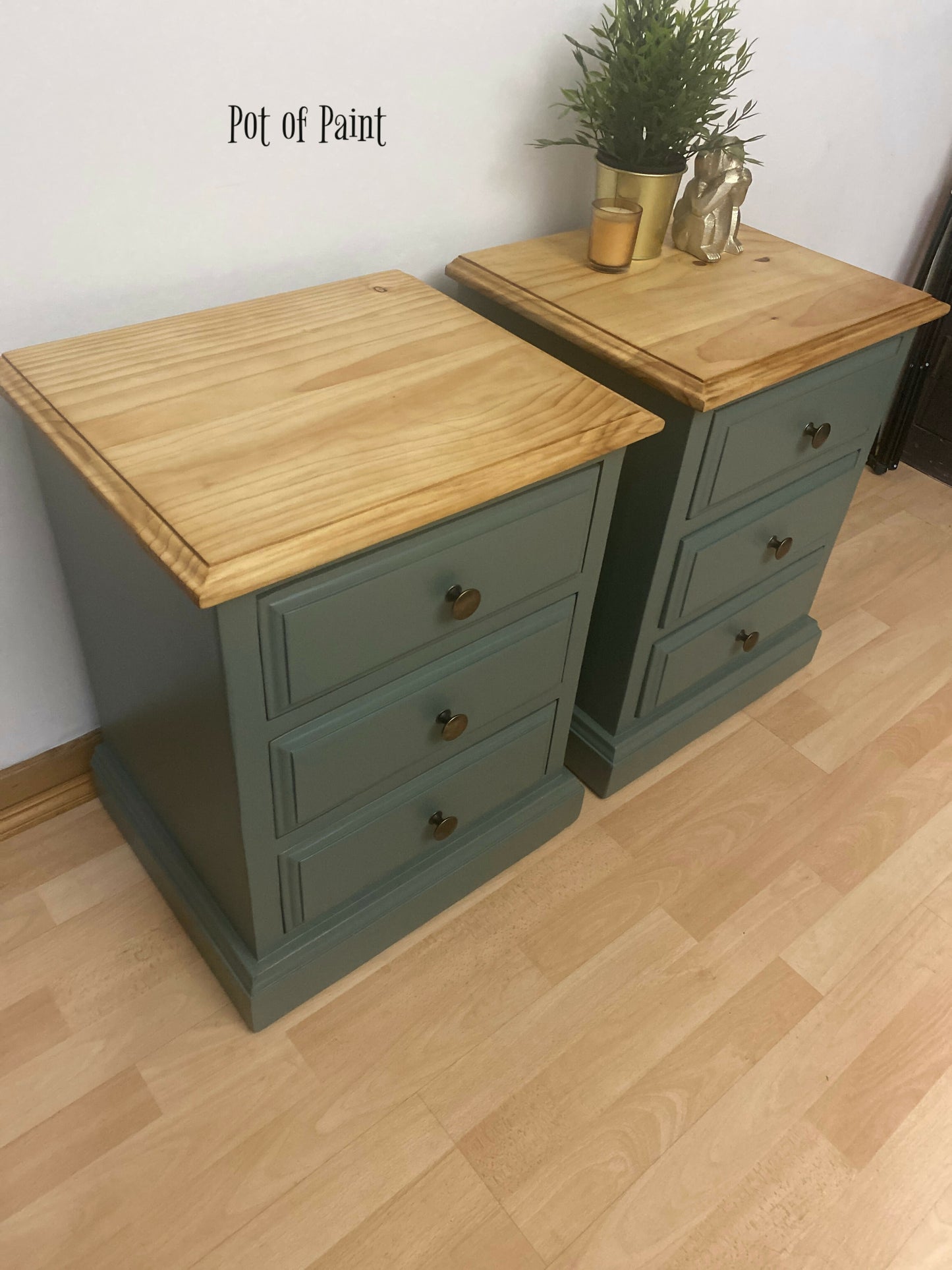 Pair of Smoke Green Bedside Tables / cabinets