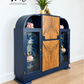 Curved Art Deco walnut drinks cocktail cabinet in navy blue and gold with peacock design. Glass display, Drinks cabinet, Sideboard